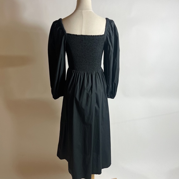 J CREW Smocked Puff Sleeve Black Cotton Poplin Midi Dress Womens Small - Picture 3 of 10